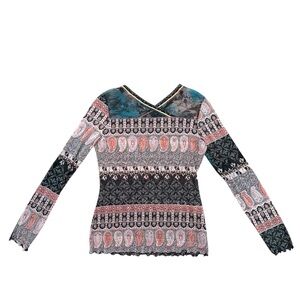 Anac Pink and Gray Asymmetrical Fitted Blouse Large Long Sleeve Mesh Y2K V Neck